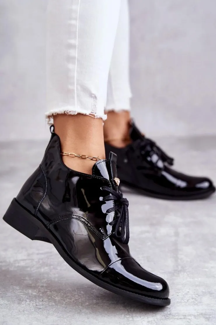 Damskie Boto Lakierowane Botki Trzewiki Sznurowane Nicole 2781 Czarne