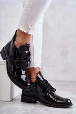 Damskie Boto Lakierowane Botki Trzewiki Sznurowane Nicole 2781 Czarne
