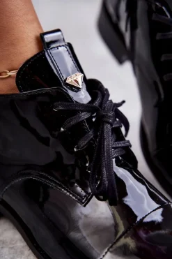 Damskie Boto Lakierowane Botki Trzewiki Sznurowane Nicole 2781 Czarne