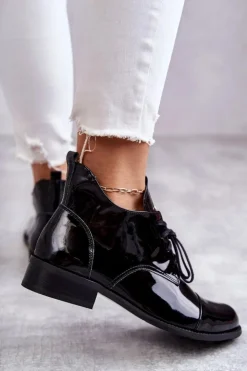 Damskie Boto Lakierowane Botki Trzewiki Sznurowane Nicole 2781 Czarne