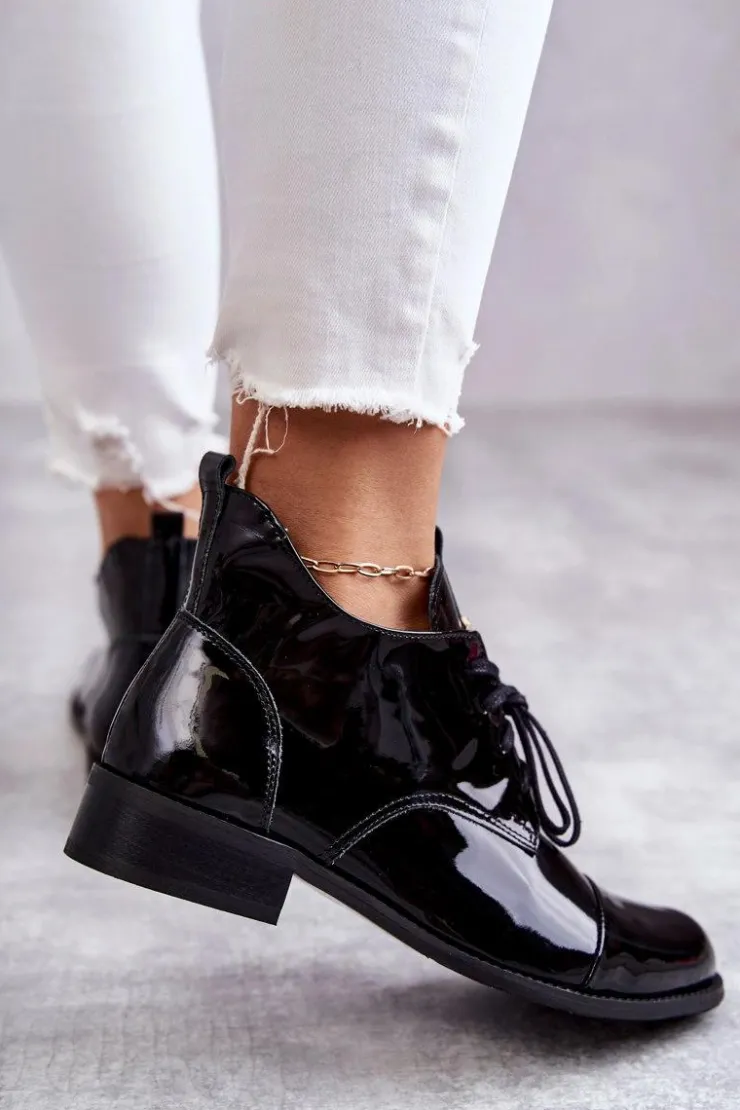 Damskie Boto Lakierowane Botki Trzewiki Sznurowane Nicole 2781 Czarne