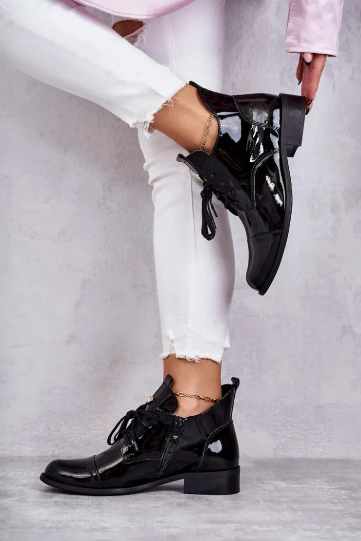 Damskie Boto Lakierowane Botki Trzewiki Sznurowane Nicole 2781 Czarne