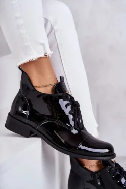 Damskie Boto Lakierowane Botki Trzewiki Sznurowane Nicole 2781 Czarne