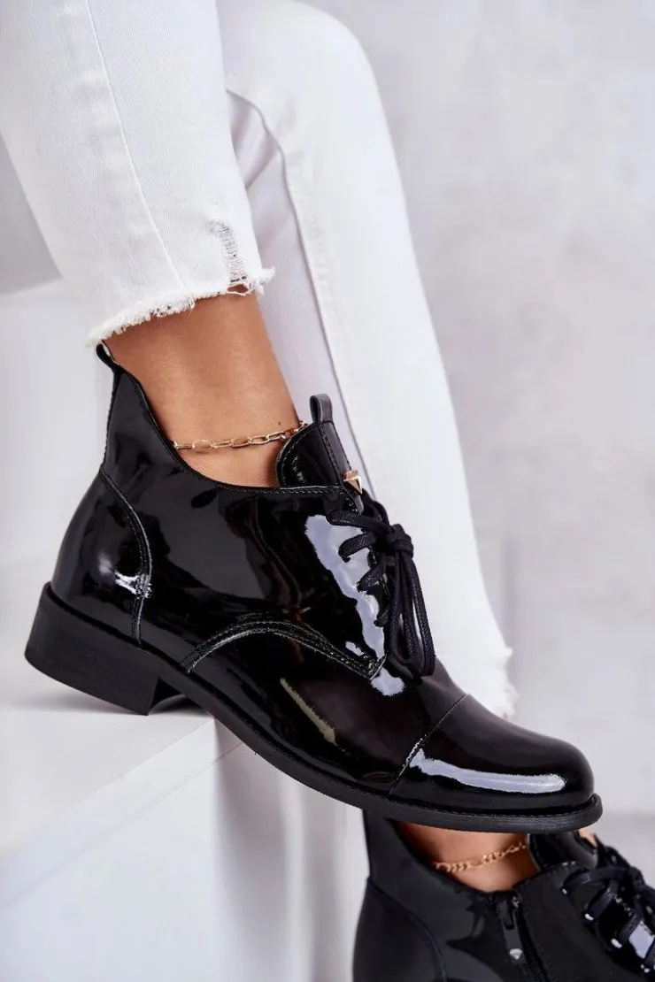 Damskie Boto Lakierowane Botki Trzewiki Sznurowane Nicole 2781 Czarne
