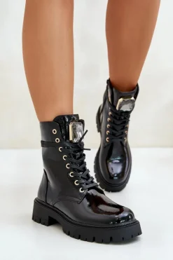 Online Boto Lakierowane Botki Workery Ocieplane Z Ozdobą Czarne Depisa