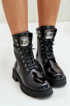 Online Boto Lakierowane Botki Workery Ocieplane Z Ozdobą Czarne Depisa