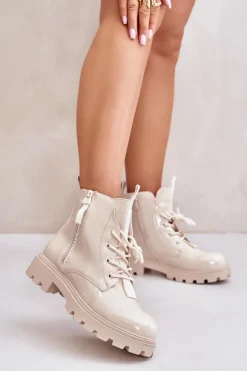 Damskie Boto Lakierowane Botki Workery Damskie Ocieplane Z Napisami Beżowe Zinfreya