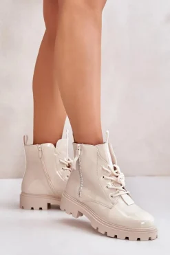 Damskie Boto Lakierowane Botki Workery Damskie Ocieplane Z Napisami Beżowe Zinfreya