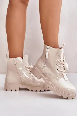 Damskie Boto Lakierowane Botki Workery Damskie Ocieplane Z Napisami Beżowe Zinfreya