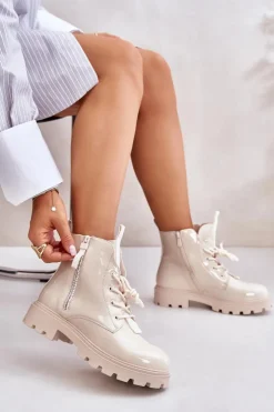 Damskie Boto Lakierowane Botki Workery Damskie Ocieplane Z Napisami Beżowe Zinfreya