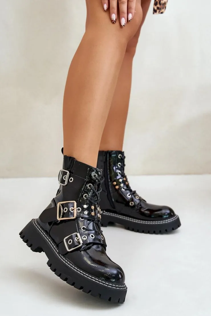 Boto Botki Sznurowane|Botki Płaskie*Lakierowane Botki Workery Z Klamrami Czarne Serizia Czarny