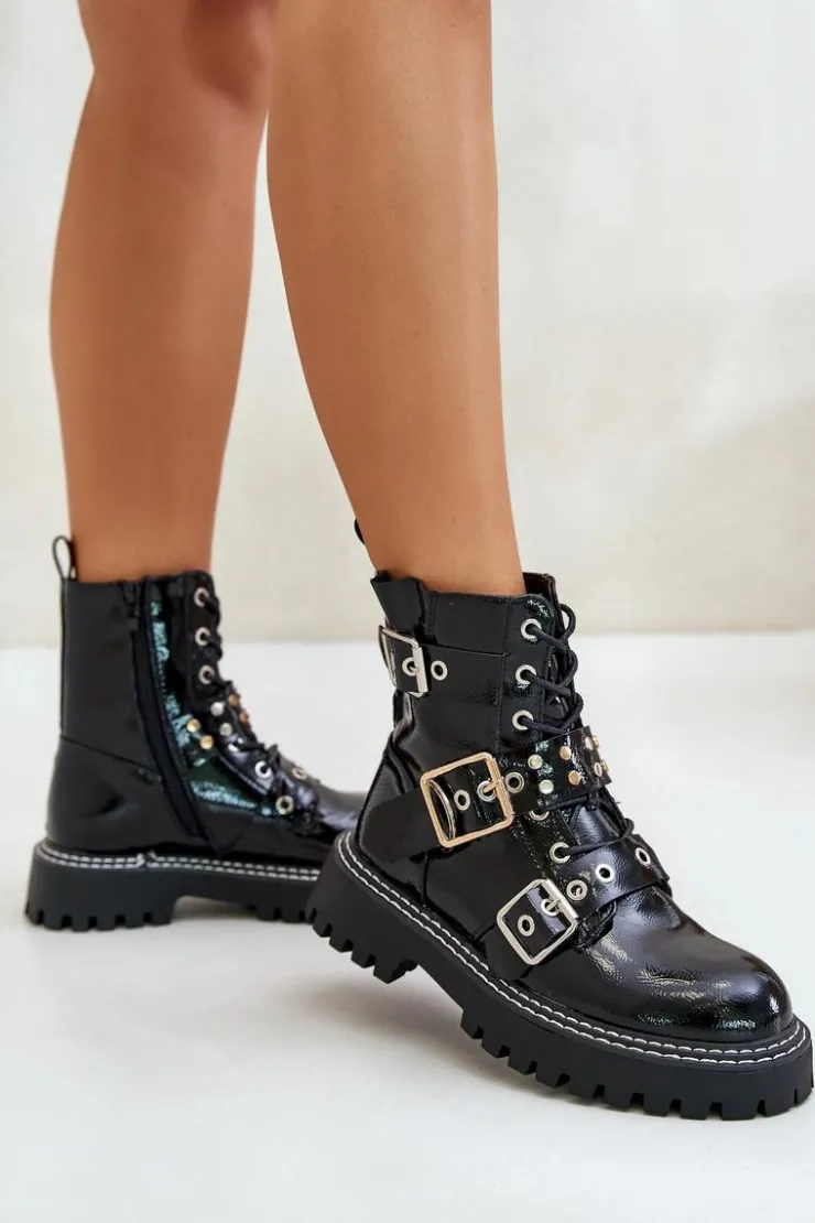 Boto Botki Sznurowane|Botki Płaskie*Lakierowane Botki Workery Z Klamrami Czarne Serizia Czarny