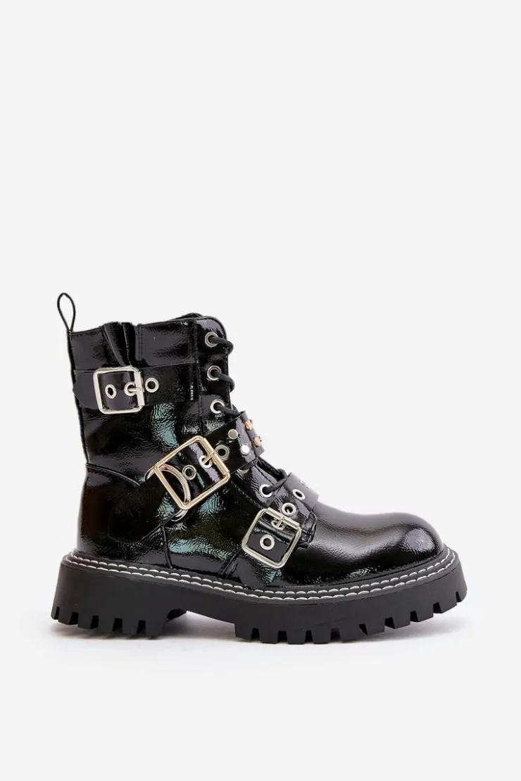 Boto Botki Sznurowane|Botki Płaskie*Lakierowane Botki Workery Z Klamrami Czarne Serizia Czarny