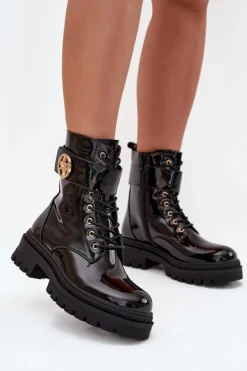 Damskie Boto Lakierowane Botki Workery Damskie Ze Złotym Detalem Ocieplane Czarne Fiorena