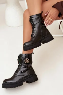 Damskie Boto Lakierowane Botki Workery Damskie Ze Złotym Detalem Ocieplane Czarne Fiorena