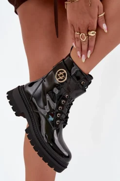 Damskie Boto Lakierowane Botki Workery Damskie Ze Złotym Detalem Ocieplane Czarne Fiorena