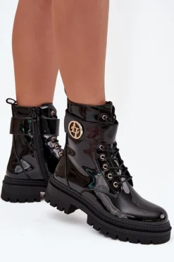 Damskie Boto Lakierowane Botki Workery Damskie Ze Złotym Detalem Ocieplane Czarne Fiorena