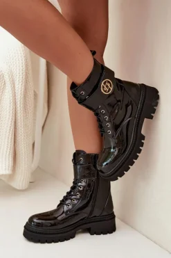 Damskie Boto Lakierowane Botki Workery Damskie Ze Złotym Detalem Ocieplane Czarne Fiorena