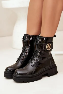 Damskie Boto Lakierowane Botki Workery Damskie Ze Złotym Detalem Ocieplane Czarne Fiorena