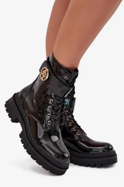 Damskie Boto Lakierowane Botki Workery Damskie Ze Złotym Detalem Ocieplane Czarne Fiorena