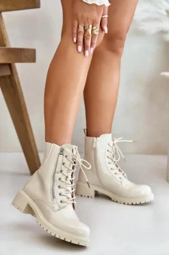 Boto Botki Sznurowane|Botki Płaskie*Lakierowane Botki Workery Na Zamek Ocieplane Beżowe Ravanthia Beżowy