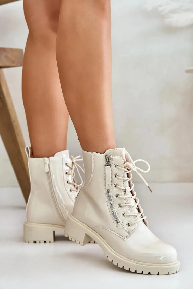 Boto Botki Sznurowane|Botki Płaskie*Lakierowane Botki Workery Na Zamek Ocieplane Beżowe Ravanthia Beżowy