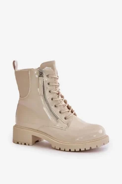 Boto Botki Sznurowane|Botki Płaskie*Lakierowane Botki Workery Na Zamek Ocieplane Beżowe Ravanthia Beżowy