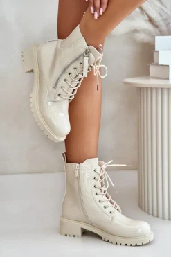 Boto Botki Sznurowane|Botki Płaskie*Lakierowane Botki Workery Na Zamek Ocieplane Beżowe Ravanthia Beżowy