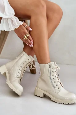 Boto Botki Sznurowane|Botki Płaskie*Lakierowane Botki Workery Na Zamek Ocieplane Beżowe Ravanthia Beżowy