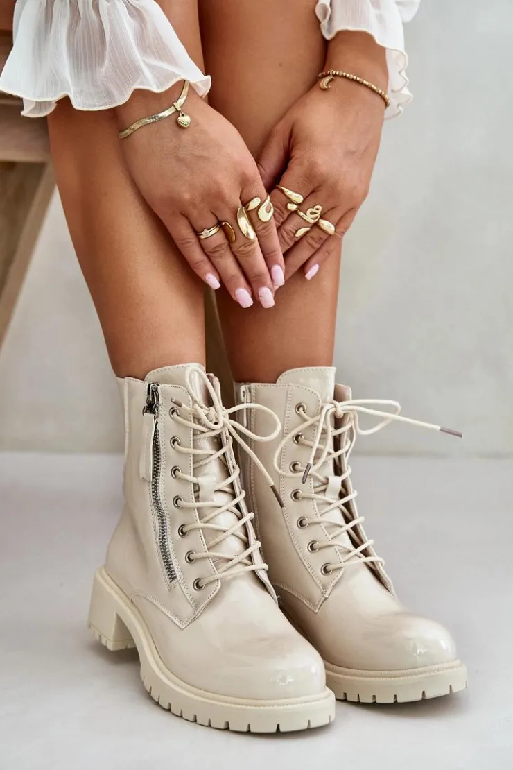 Boto Botki Sznurowane|Botki Płaskie*Lakierowane Botki Workery Na Zamek Ocieplane Beżowe Ravanthia Beżowy