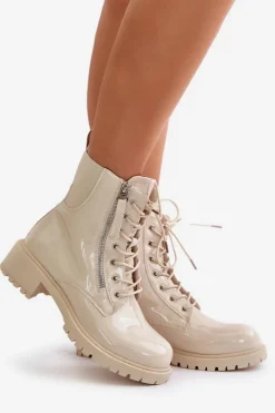 Boto Botki Sznurowane|Botki Płaskie*Lakierowane Botki Workery Na Zamek Ocieplane Beżowe Ravanthia Beżowy