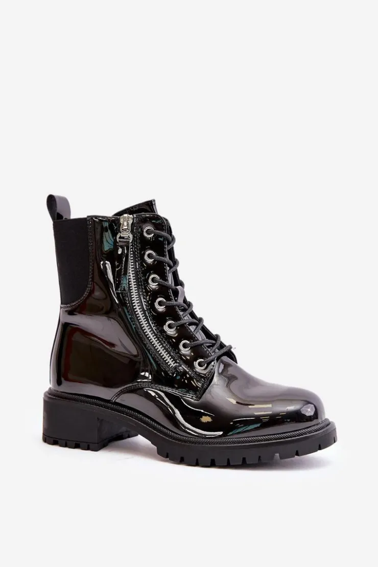 Clearance Boto Lakierowane Botki Workery Na Zamek Ocieplane Czarne Ravanthia