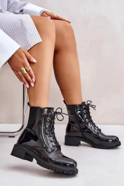 Clearance Boto Lakierowane Botki Workery Na Zamek Ocieplane Czarne Ravanthia