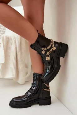 Boto Botki Ocieplane|Botki Sznurowane*Lakierowane Botki Workery Damskie Ze Złotym Łańcuchem Ocieplane Czarne Sarinae