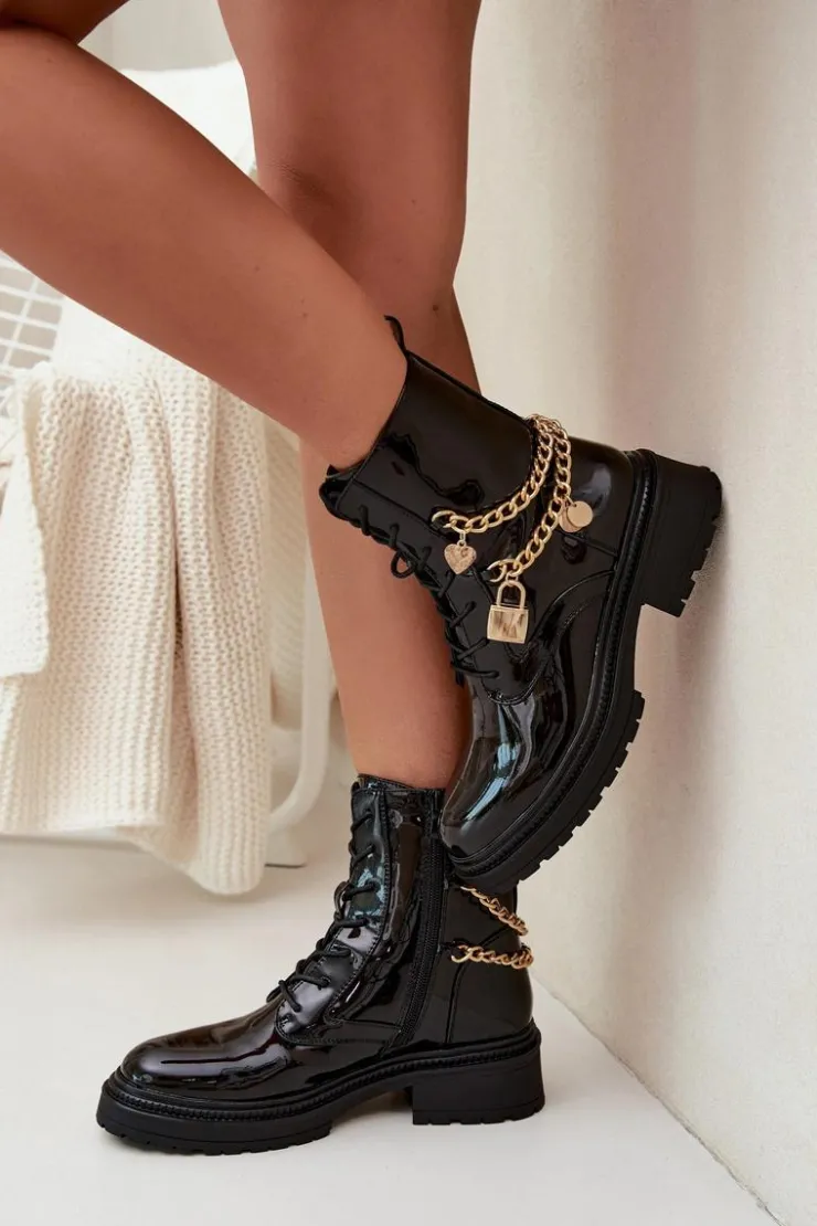 Boto Botki Ocieplane|Botki Sznurowane*Lakierowane Botki Workery Damskie Ze Złotym Łańcuchem Ocieplane Czarne Sarinae
