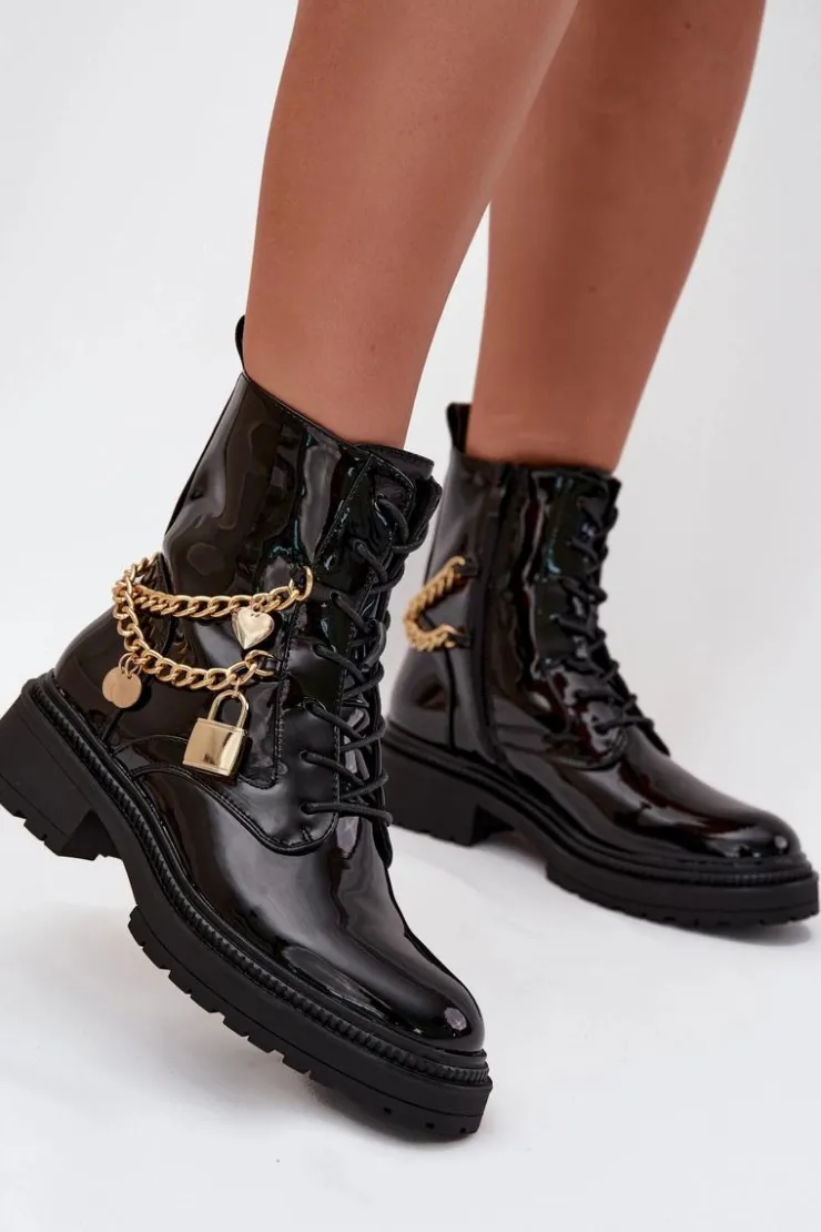 Boto Botki Ocieplane|Botki Sznurowane*Lakierowane Botki Workery Damskie Ze Złotym Łańcuchem Ocieplane Czarne Sarinae