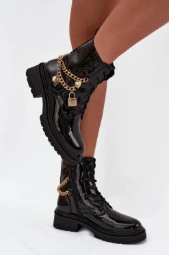 Boto Botki Ocieplane|Botki Sznurowane*Lakierowane Botki Workery Damskie Ze Złotym Łańcuchem Ocieplane Czarne Sarinae