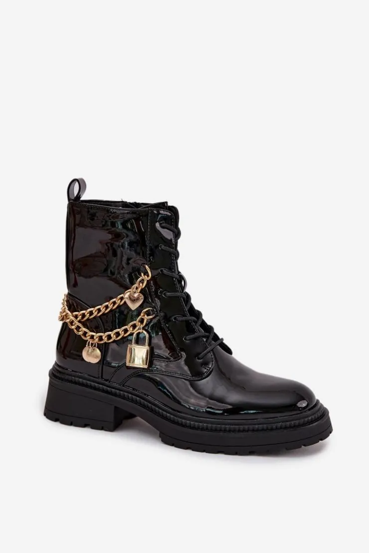Boto Botki Ocieplane|Botki Sznurowane*Lakierowane Botki Workery Damskie Ze Złotym Łańcuchem Ocieplane Czarne Sarinae