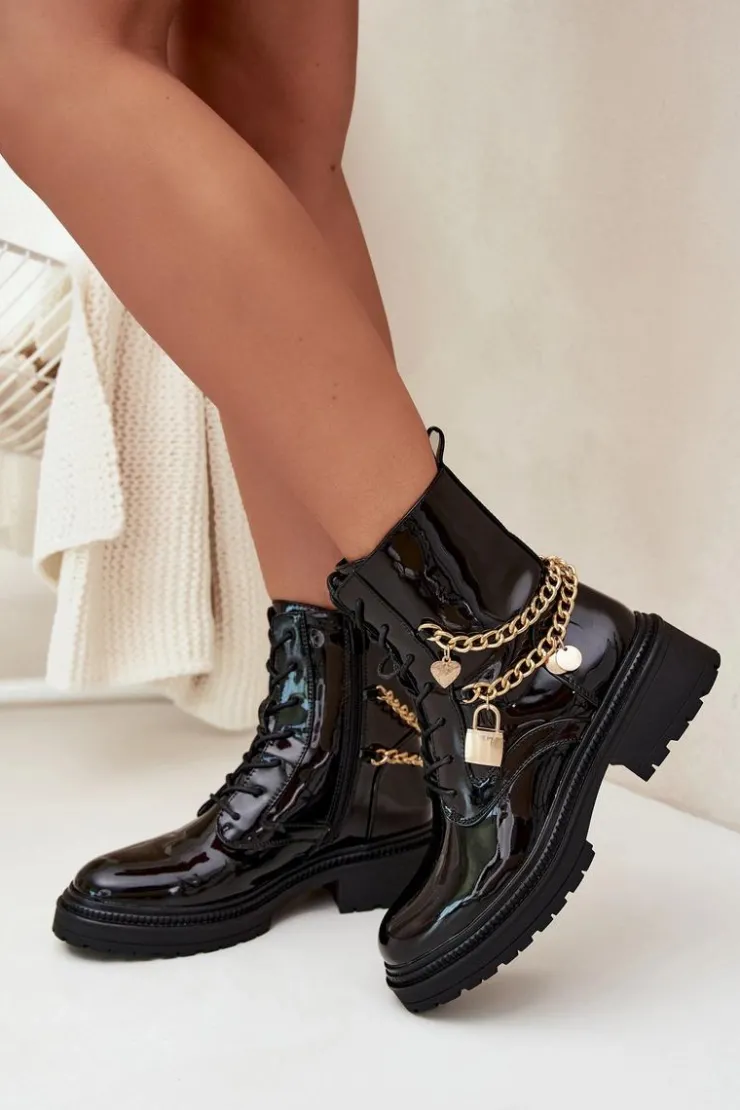 Boto Botki Ocieplane|Botki Sznurowane*Lakierowane Botki Workery Damskie Ze Złotym Łańcuchem Ocieplane Czarne Sarinae