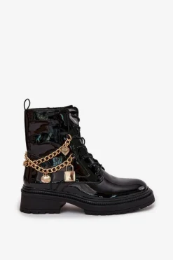 Boto Botki Ocieplane|Botki Sznurowane*Lakierowane Botki Workery Damskie Ze Złotym Łańcuchem Ocieplane Czarne Sarinae