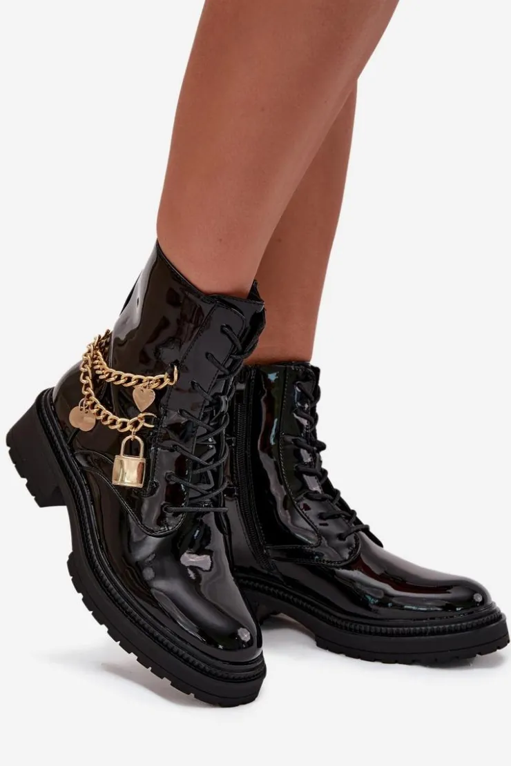 Boto Botki Ocieplane|Botki Sznurowane*Lakierowane Botki Workery Damskie Ze Złotym Łańcuchem Ocieplane Czarne Sarinae