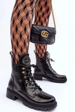 Buty damskie Vinceza Botki Płaskie|Botki Workery*Lakierowane Botki Workery Z Ozdobą Czarne Emmber