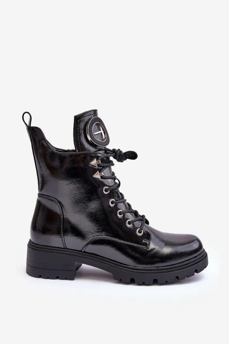 Buty damskie Vinceza Botki Płaskie|Botki Workery*Lakierowane Botki Workery Z Ozdobą Czarne Emmber