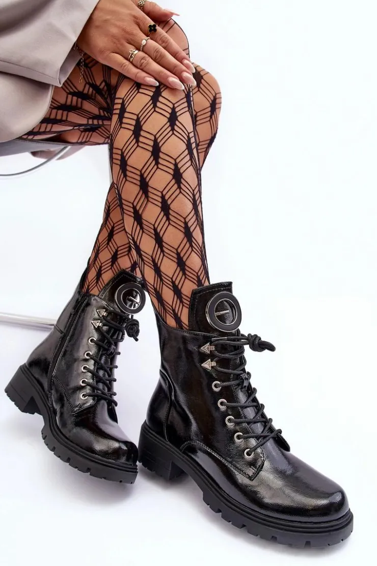 Buty damskie Vinceza Botki Płaskie|Botki Workery*Lakierowane Botki Workery Z Ozdobą Czarne Emmber