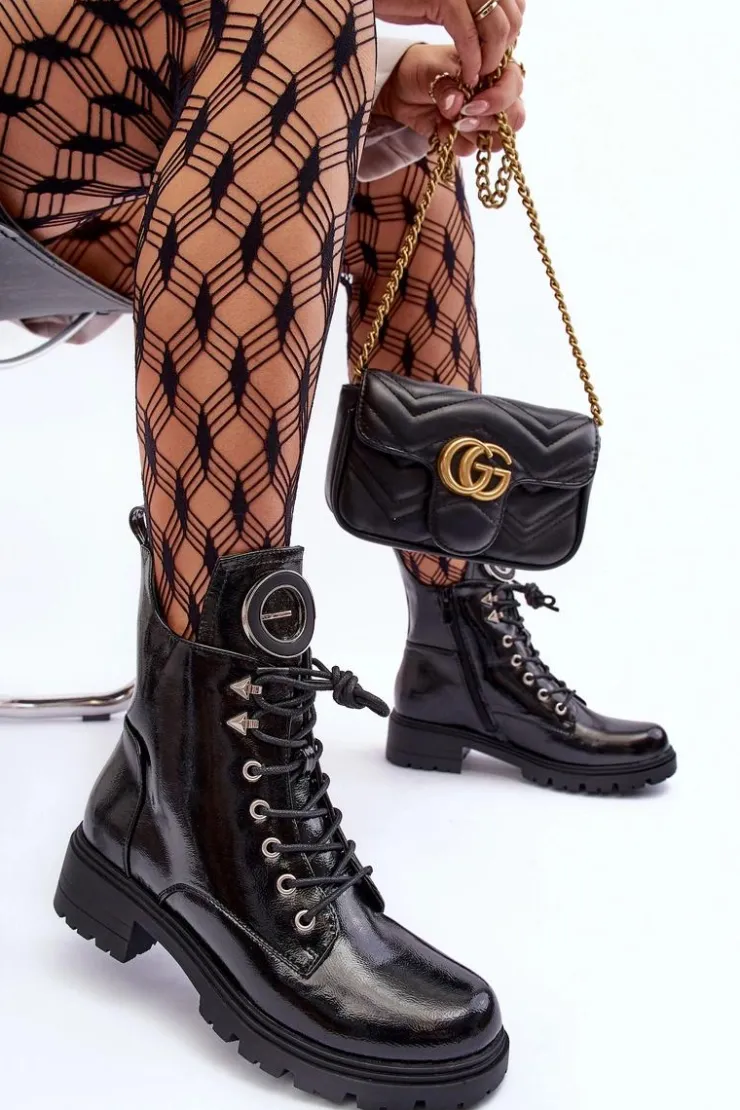 Buty damskie Vinceza Botki Płaskie|Botki Workery*Lakierowane Botki Workery Z Ozdobą Czarne Emmber