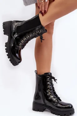 Damskie Boto Lakierowane Botki Workery Damskie Czarne Charmea