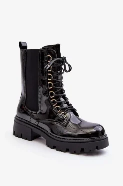 Damskie Boto Lakierowane Botki Workery Damskie Czarne Charmea