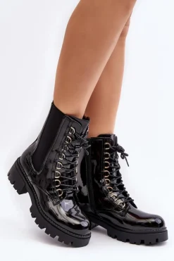 Damskie Boto Lakierowane Botki Workery Damskie Czarne Charmea