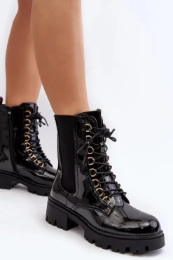 Damskie Boto Lakierowane Botki Workery Damskie Czarne Charmea