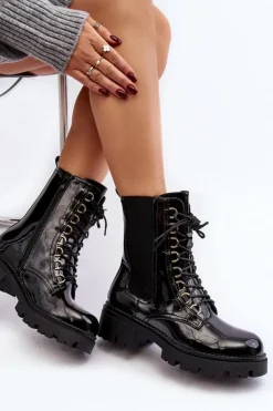 Damskie Boto Lakierowane Botki Workery Damskie Czarne Charmea